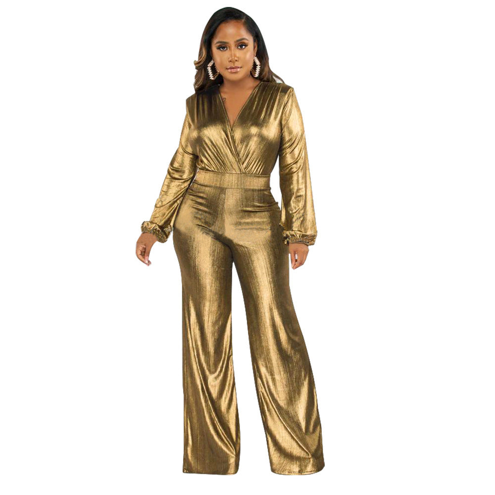 V-neck Lantern Sleeve Bronzing Jumpsuit
