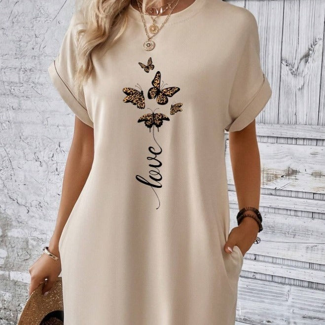 Butterfly And Letter Pattern Batwing Sleeve T-shirt Dress