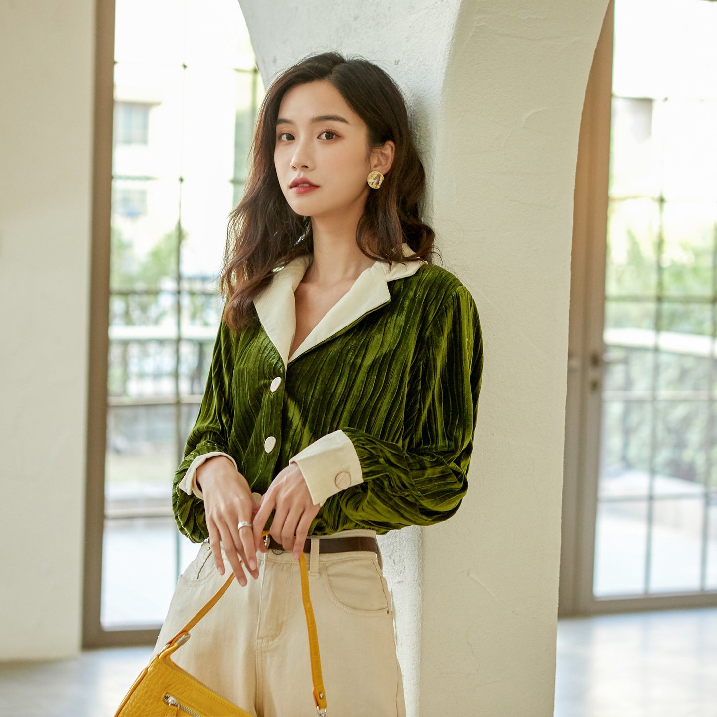 Lantern Sleeve Retro Suit Collar Dark Green Loose Casual Shirt