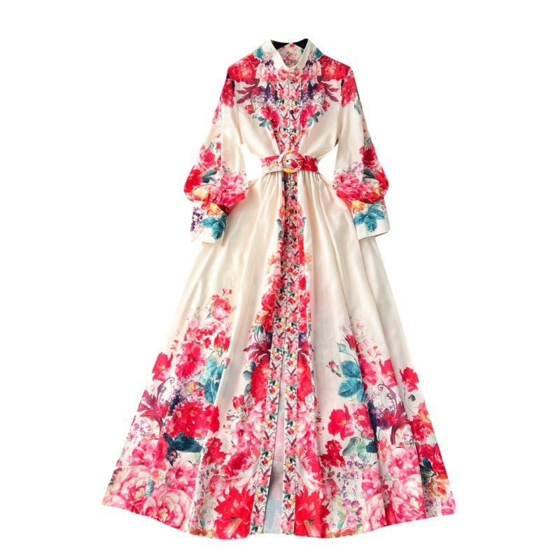 New High-grade Stand Collar Lantern Long Sleeve Waist-tight Printed Dress